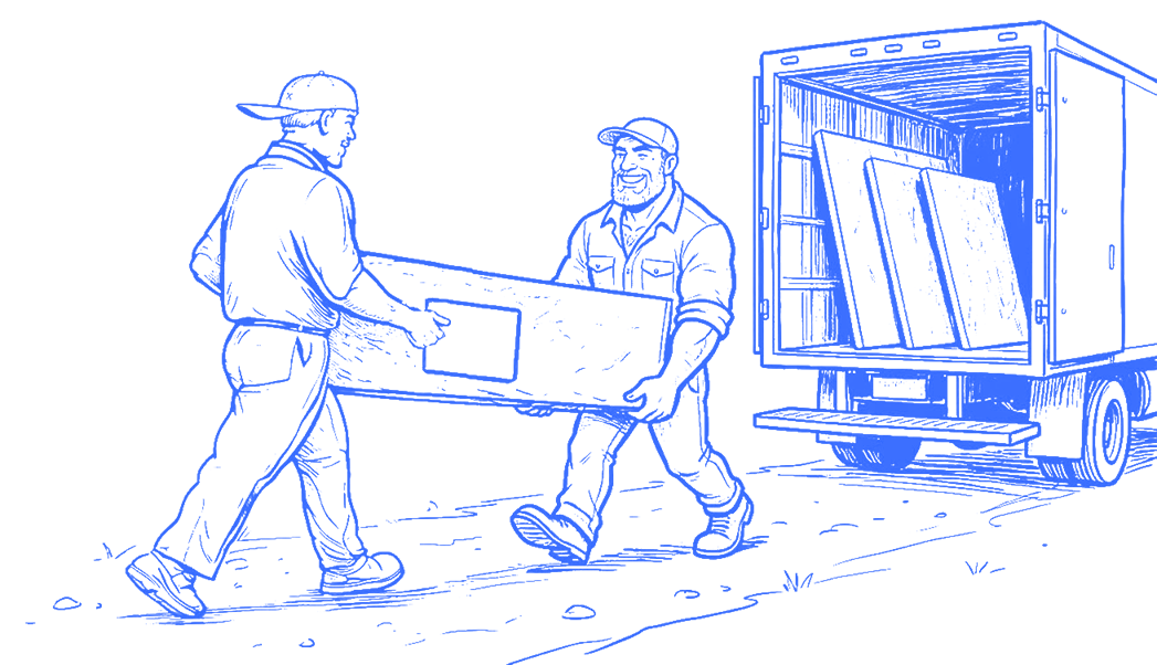 Prolithic stone installation crew carrying countertop slab to equipped box truck for delivery